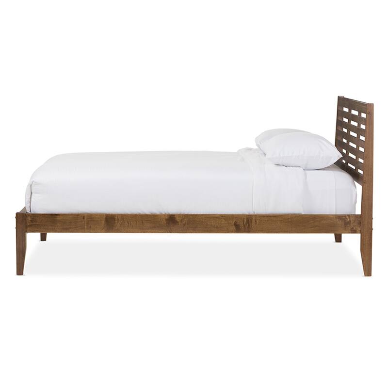 Modern Queen Size Platform Bed - Solid Wood Slatted Design, Low Profile, Walnut Finish, Bedroom Furniture