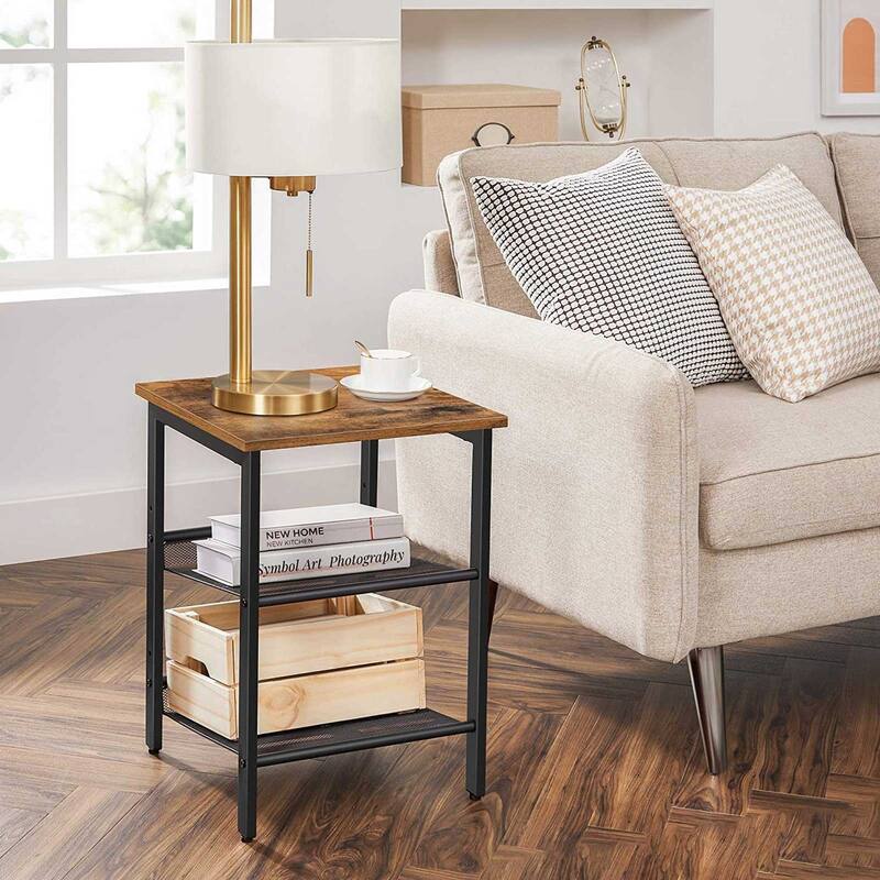 Industrial Nightstand, Set of 2 Side Tables, End Table with Adjustable Mesh Shelves - Rustic Brown