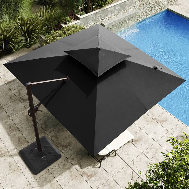 Outdoor Square 360 Degree Rotation Patio Cantilever Offset Umbrella with Base - Black