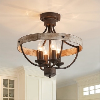 15.4" Rusted Bronze Rustic Wood 4 Light Dimmable Semi Flush Mount Ceiling Light - 15.4 in. D x 15.4 in. W x 14.6 in. H