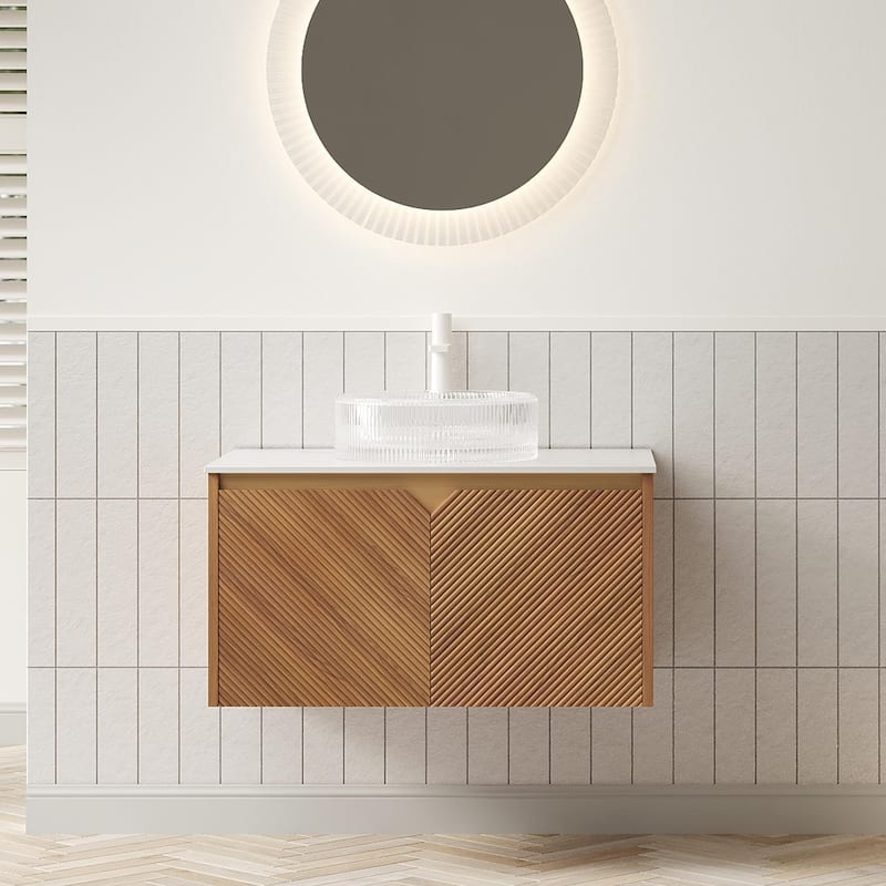 Wall-mounted Bathroom Vanity with Round Glass Basin - 30 - Brown Oak+Transparent