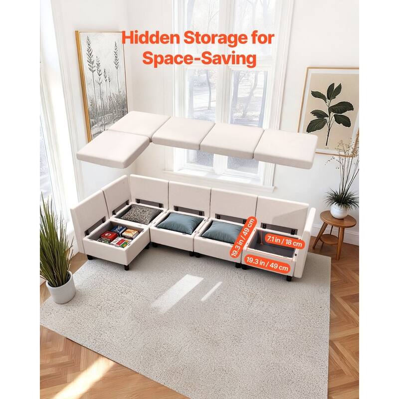 Beige Cotton-Linen Modular Sectional Sofa with Storage, Kid-Friendly Cushions and Wood Frame