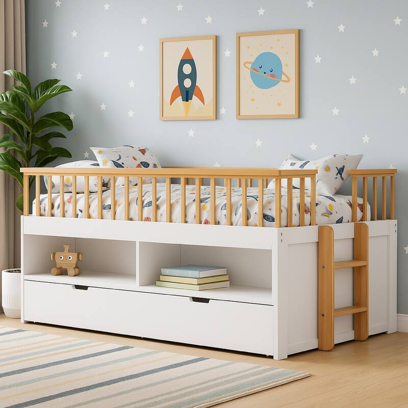 Lexo Twin Bookcase Bunk Bed w Trundle and Ladder, White & Natural Oak