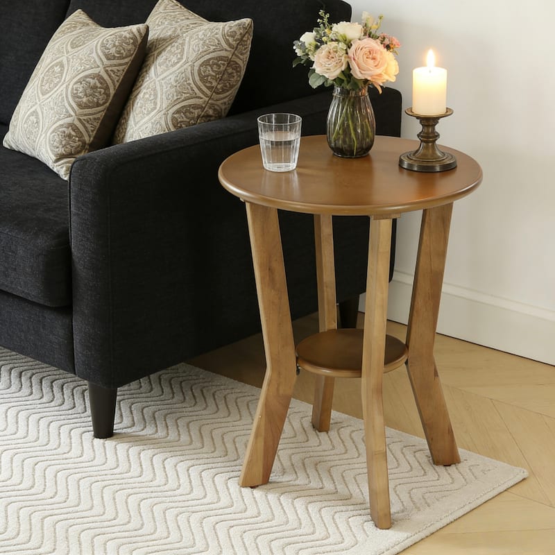 Round Farmhouse End Table with Shelf for Bedroom & Living Room