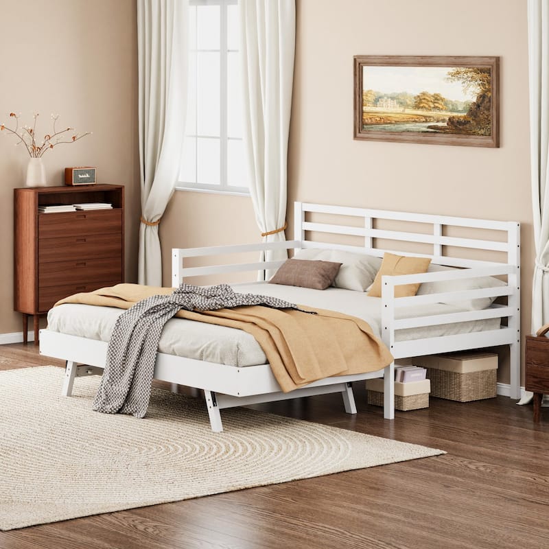 Twin Daybed with Trundle & Guardrails - White Pine Wood Sofa Bed, 350lbs Capacity, Space-Saving for Bedroom/Living Room - White