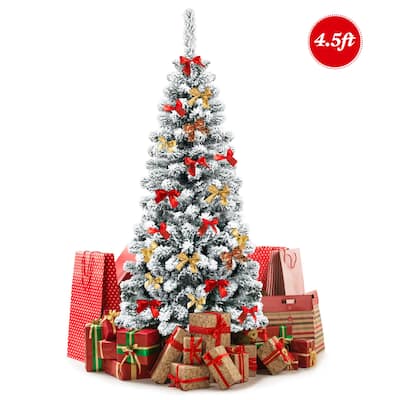Gymax 4.5ft Snow Flocked Pencil Christmas Tree Artificial Pine Tree w/ - See Details