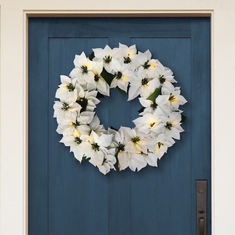 Puleo International 24" Pre-Lit Battery-Operated Artificial White Poinsettia Wreath