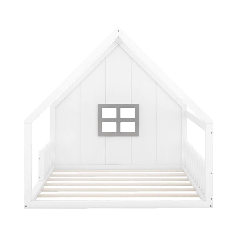 White Full Pine Wood House Floor Bed with Window, Fence & Roof