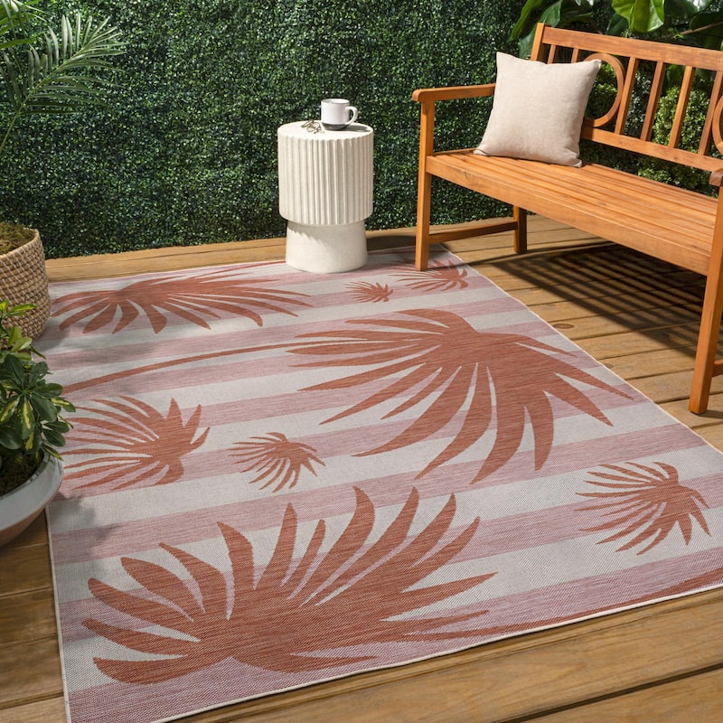 JONATHAN Y Veronica Classic Beach Stripe and Palm Leaf Indoor/Outdoor Area Rug