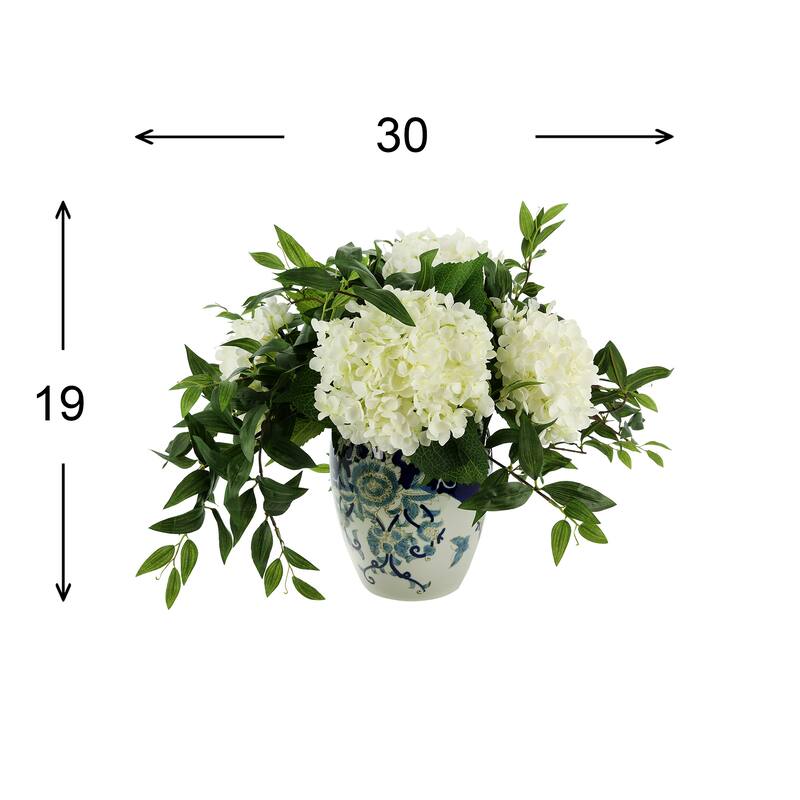 Hydrangea and Ruscus Arrangement in a Ceramic Vase - White, Green, Blue