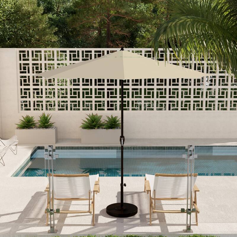 California Umbrella 9' Round Crank Lift Auto Tilt 8 Rib Aluminum Patio Umbrella, Bronze Finish, Pacifica Pacific Blue Fabric - Canvas