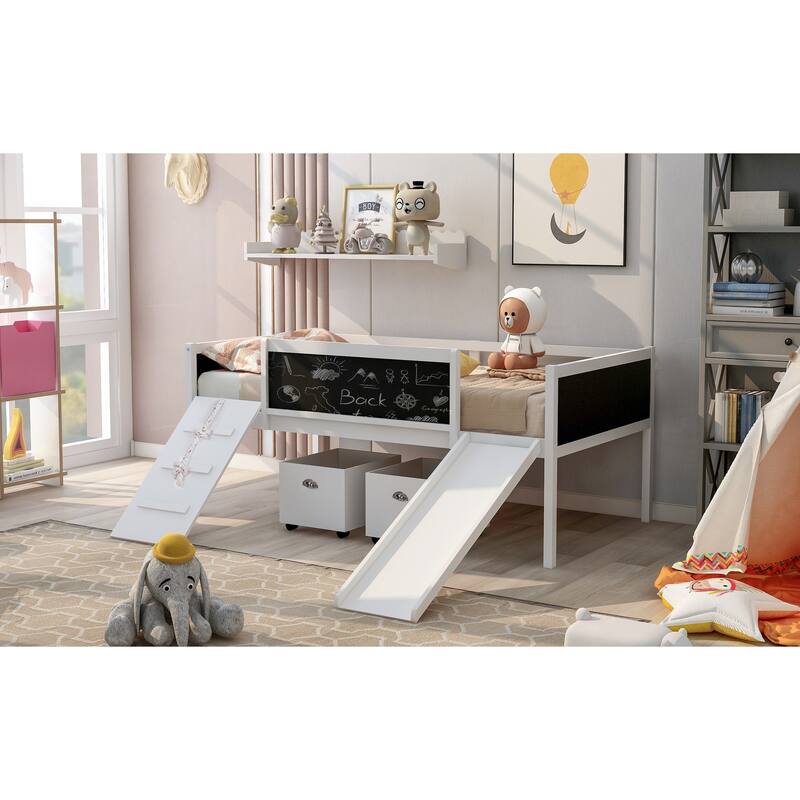 Twin Size Loft Bed with Two Storage Boxes and Climbing Frame - White