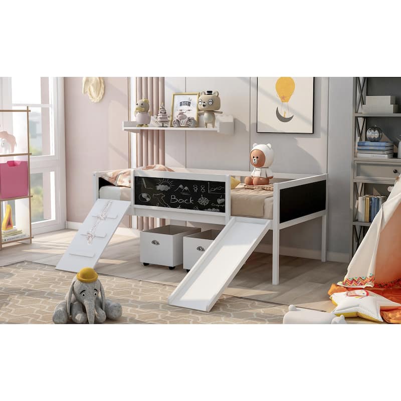 Twin size Loft Bed Wood Bed with Two Storage Boxes