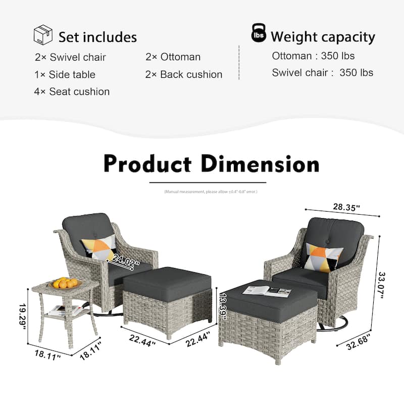HOOOWOOO 5-piece Rattan Outdoor Furniture Patio Swivel Chair Chat Set with Ottoman