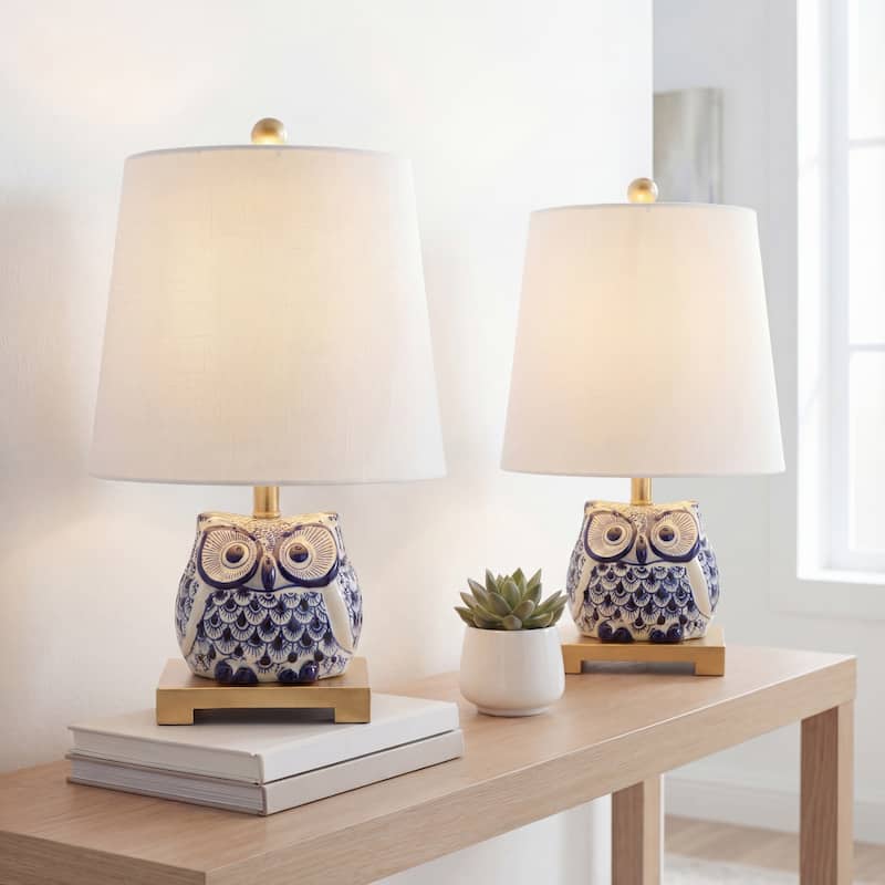 Tiki 16" Ceramic Mini Table Lamp, Blue/White (Set of 2) by JONATHAN Y - Blue/White