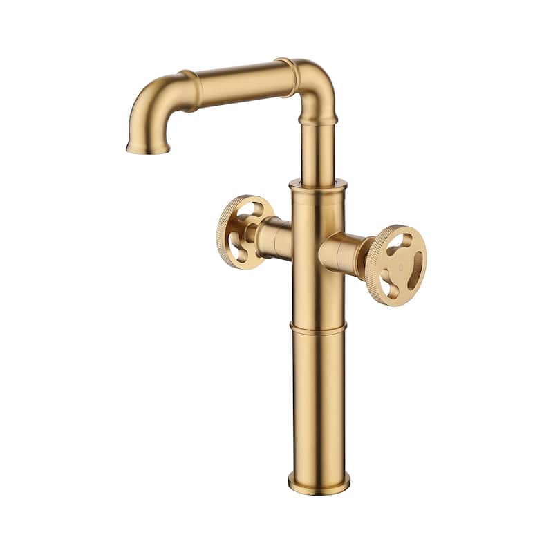 12.5"H Solid Brass Industrial Style Double Handle Bathroom Vessel Sink Faucet - Brushed Gold