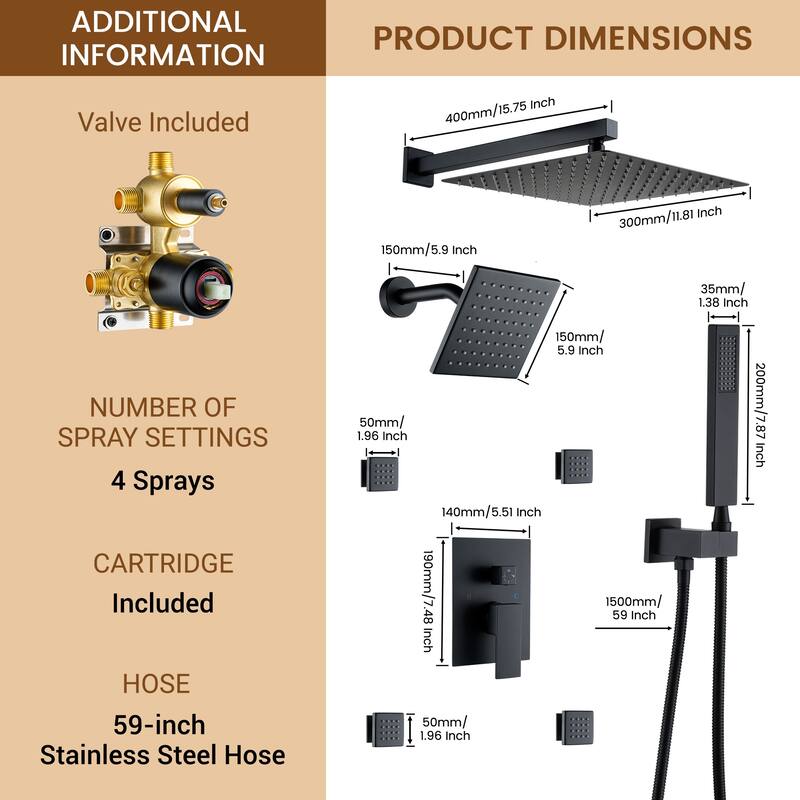 4-Spray Wall Mount 12 and 6 in. Dual Fixed and Handheld Shower Head with 4-Jets (Valve Included) - 12" x 12"