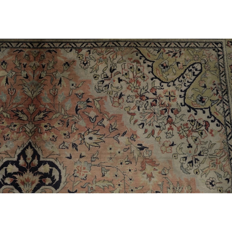 Hand Knotted Oriental Silk Carpet Traditional Floral Peach Kashmir Area Rug - 8' 0'' X 5' 8''