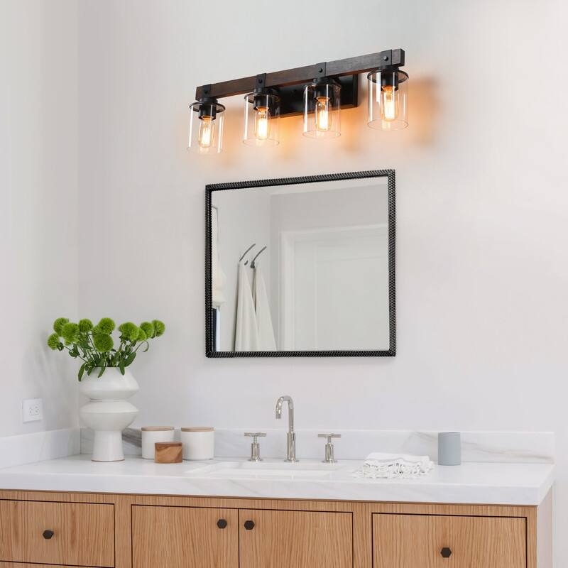 Vanity Light, Industrial Bathroom Wall Sconce with Glass Shades and Wood Accent, Modern Farmhouse Lighting Fixture (No Bulbs)