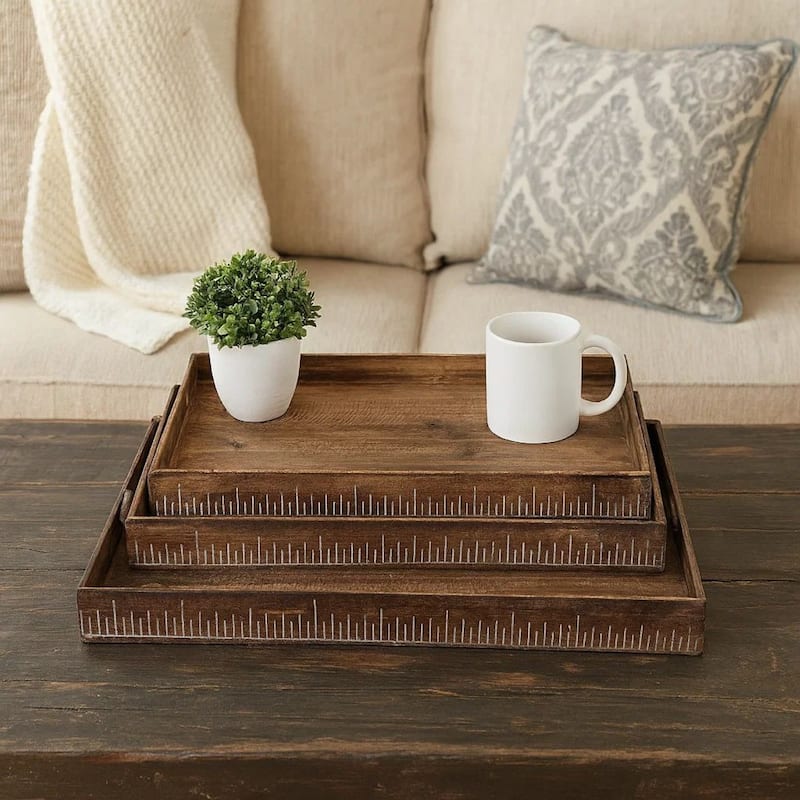 Rough Sawn Textured Rectangular Wooden Ruler Tray, Set of 3, Brown