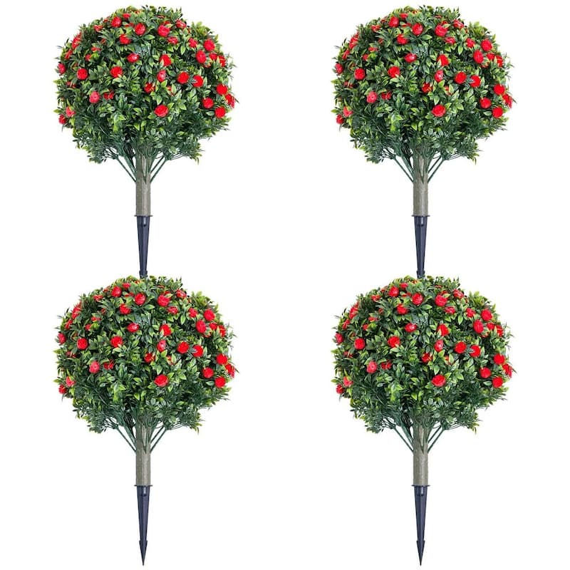 Set of 2/4 Artificial Topiary Ball Trees with Metal Stakes with Rose Flowers - Red 4 pcs