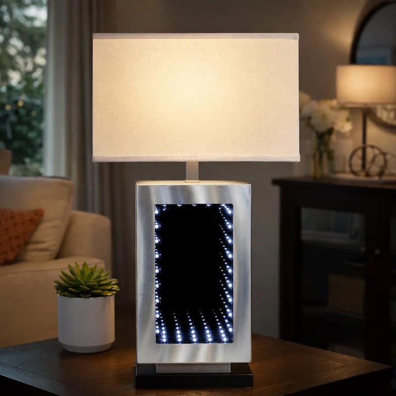 Ziva 27 Inch Table Lamp, LED Night Light, Rectangular Shade, Matte Silver