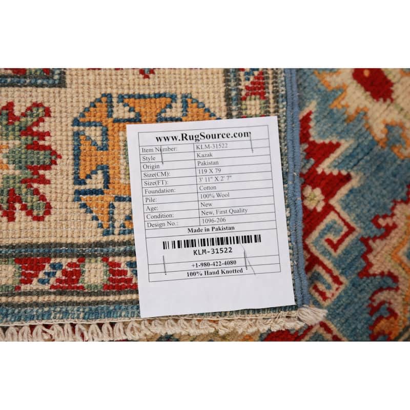 Light Blue Traditional Kazak Foyer Rug Hand-Knotted Wool Carpet - 2'7"x 3'11"