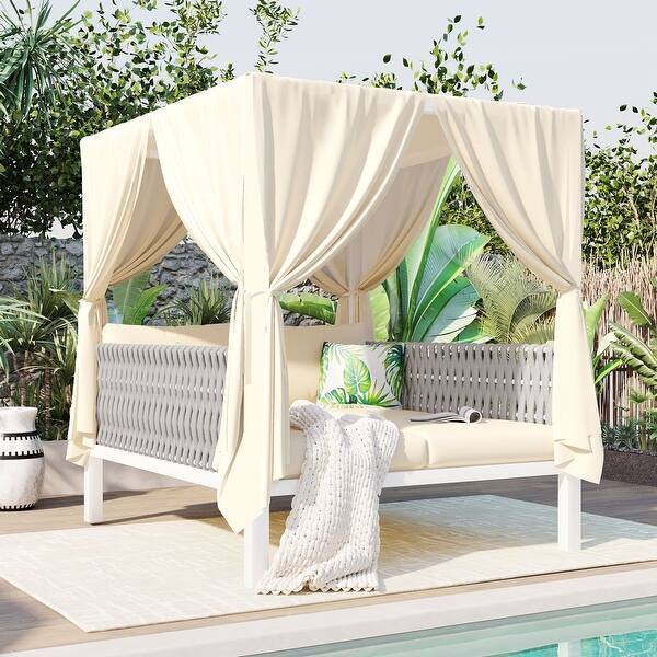 slide 2 of 17, Outdoor Patio Sunbed with Curtains Beige