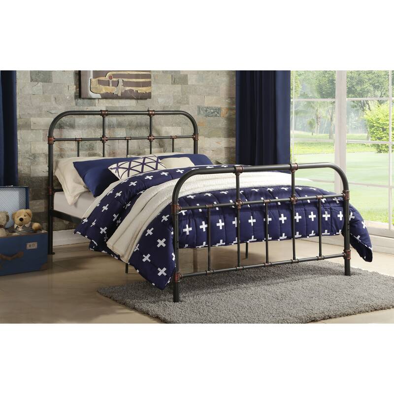 Full Size Metal Industrial Open Frame Bed with Copper Accents and 330lbs Weight Capacity - Dark Gray