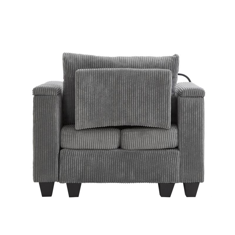 Corduroy Convertible Chaise Lounge with USB, Cup Holders & Storage