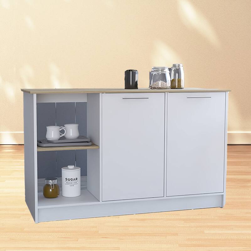 59-Inch Kitchen Island with Double Door Cabinets & Open Shelves, Light Oak/White Design - Multicolor