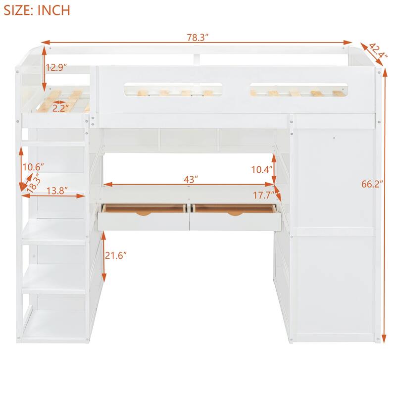 Twin Size Solid Wood Loft Bed with Desk, Wardrobes & Drawers