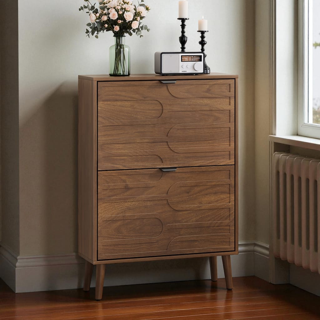 23.62" Walnut Shoe Cabinet with 2 Flip Drawers, Modern Farmhouse Entryway Shoe Storage for Hallway or Corridor