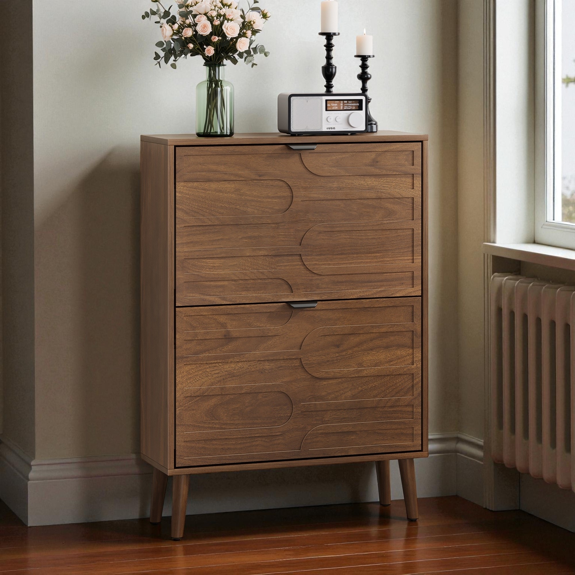 23.62" Walnut Shoe Cabinet with 2 Flip Drawers, Modern Farmhouse Entryway Shoe Storage for Hallway or Corridor
