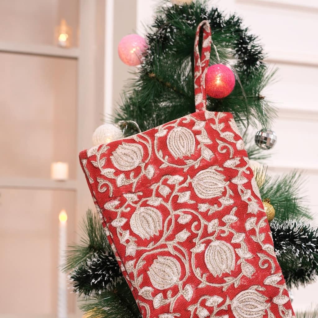 Fabdivine Handmade Christmas Stocking Floral Block Print 10X4.5 Inch Tassel Loop for Home Décor - 10"X4.5"