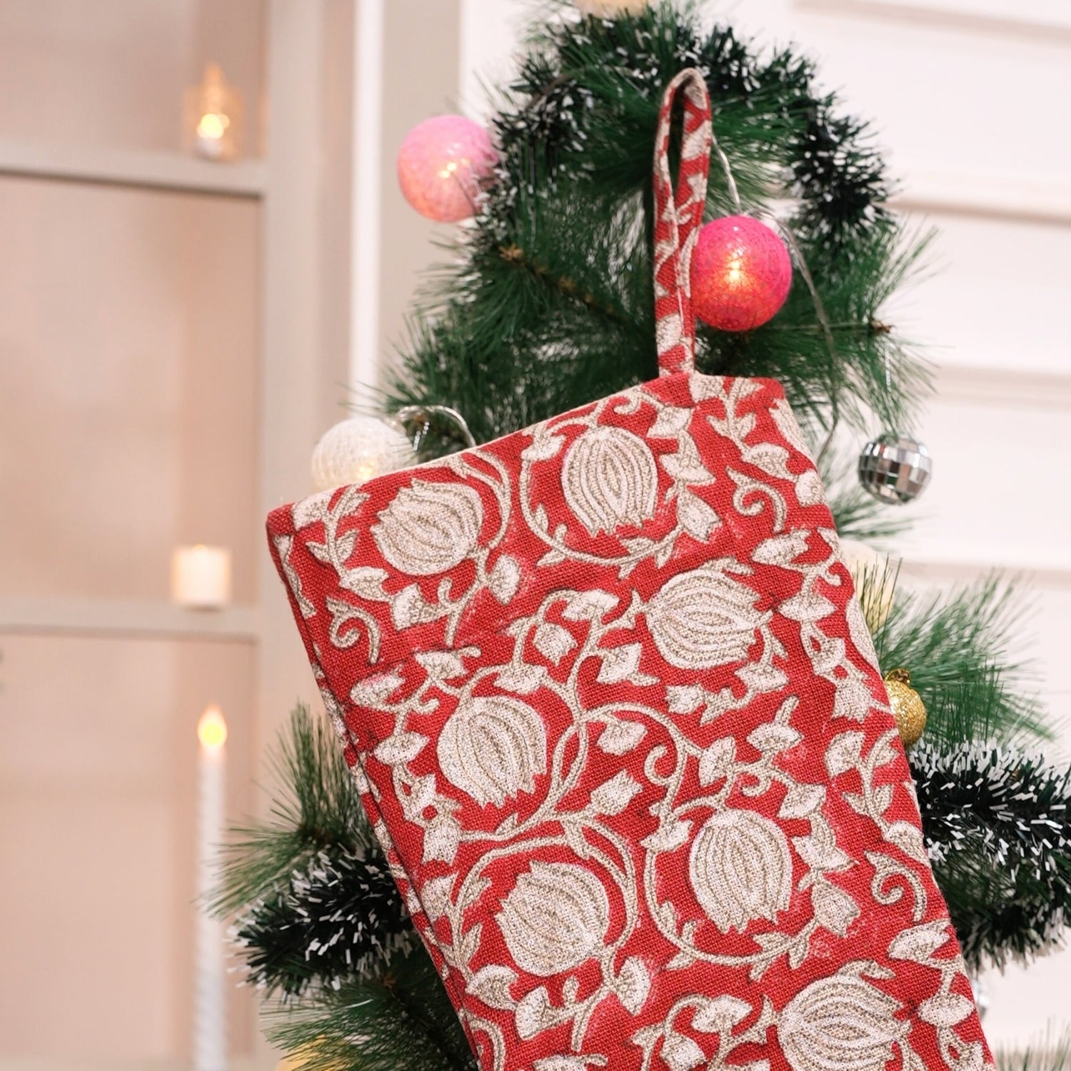 Fabdivine Handmade Christmas Stocking Floral Block Print 10X4.5 Inch Tassel Loop for Home Décor - 10"X4.5"