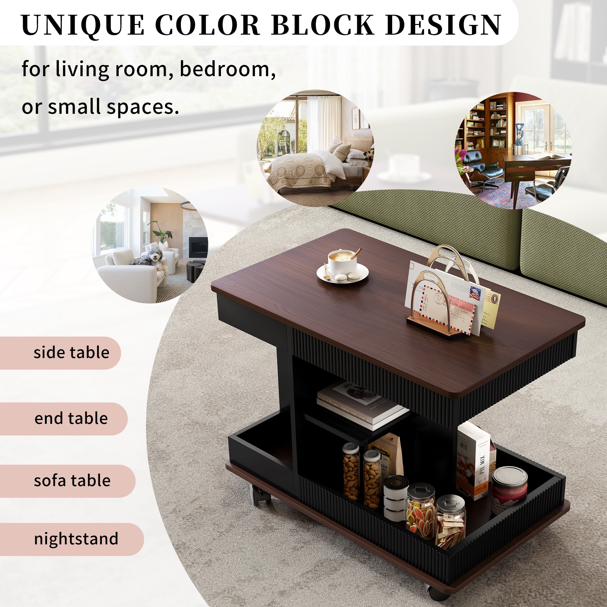 Lift Top End Table with Wheels and Storage for Small Spaces - 22.6