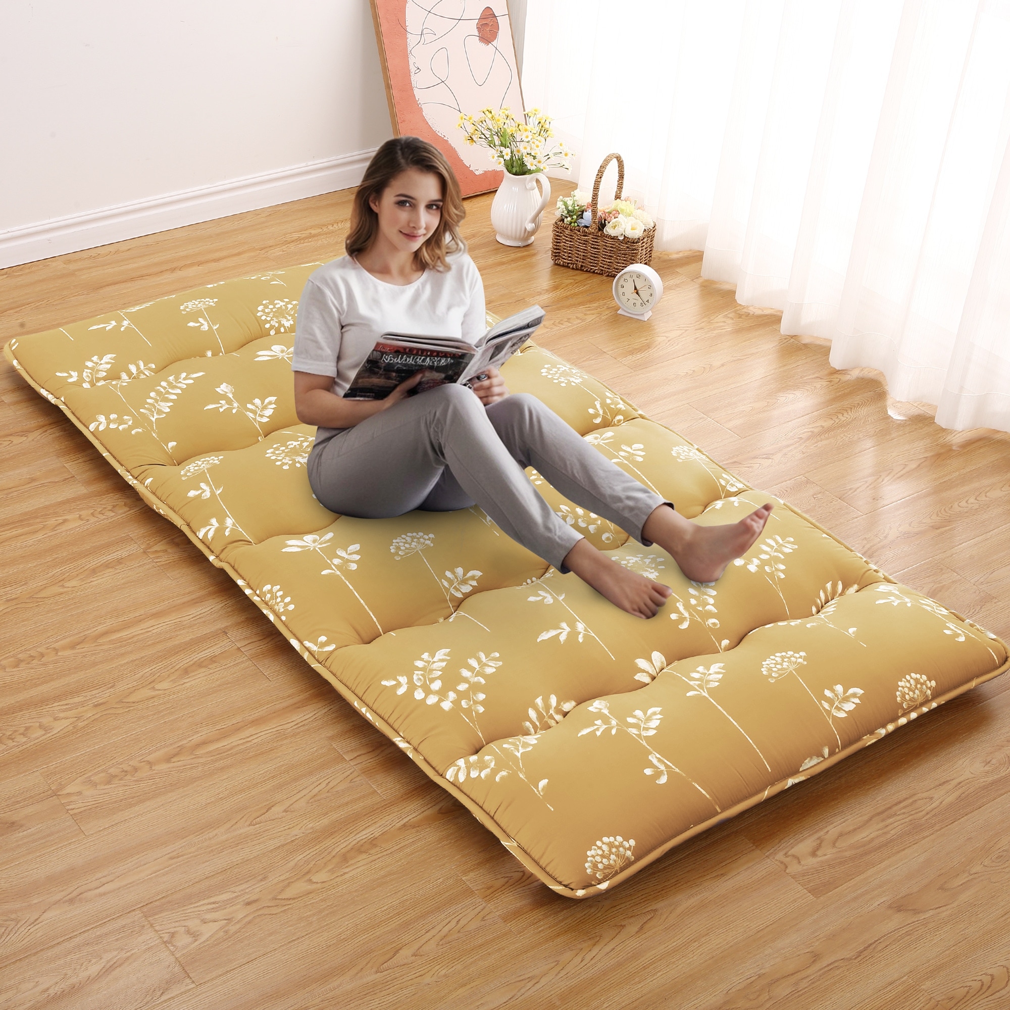 Floral Print Japanese Futon Mattress for Floor Sleeping Mat Home Indoor