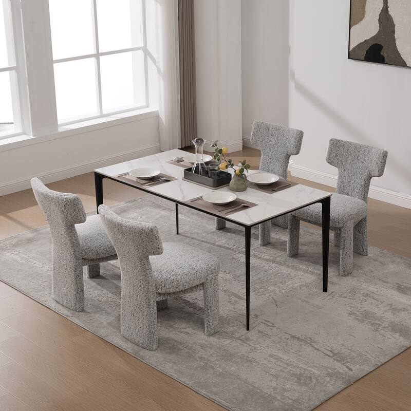 Modern Upholstered Chenille Dining Chair Set, Armless Kitchen Side Chairs Curved Back Accent Chairs w/ Wood Legs for Living Room
