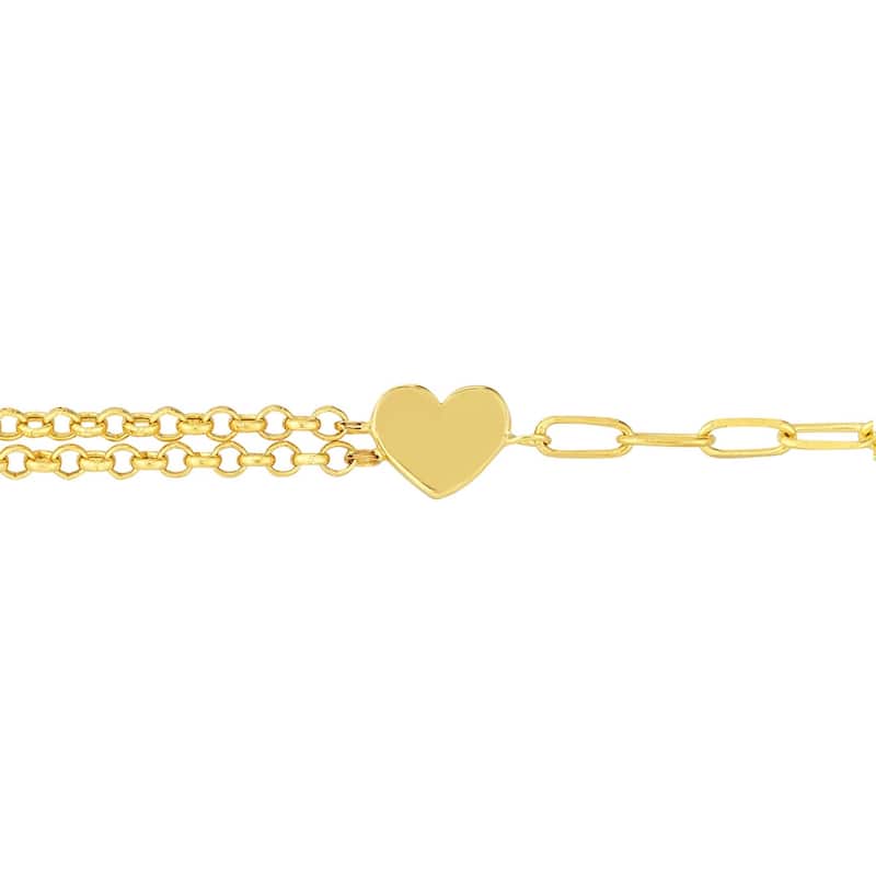 Curata 14k Yellow Gold 7.5" Double Strand Rolo and Paperclip Heart Bracelet