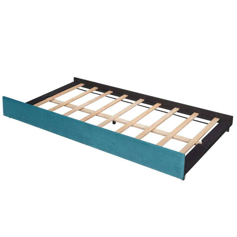 Twin Size Daybed Frame Concise Rays Pattern Design Velvet Upholstered Daybed with 2 Drawers Wood Slat Support - Blue