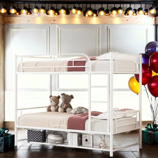 slide 2 of 24, Metal Loft Bed with Storage Space and Ladder, Twin Over Twin White