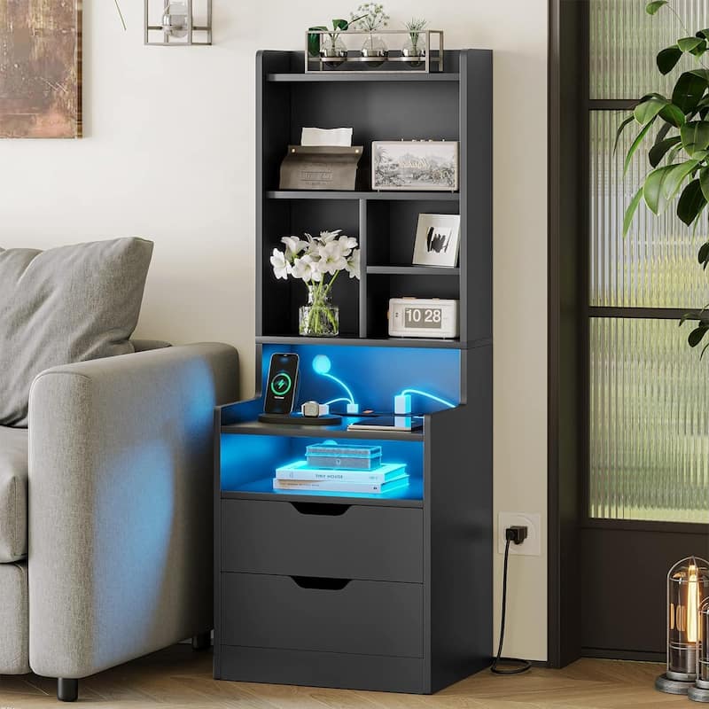 Nightstand with Bookshelf Tall Night Stand 2 Drawers