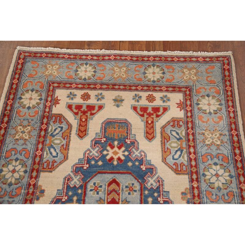 Ivory Geometric Kazak Oriental Accent Rug Handmade Wool Carpet - 3'5"x 4'11"