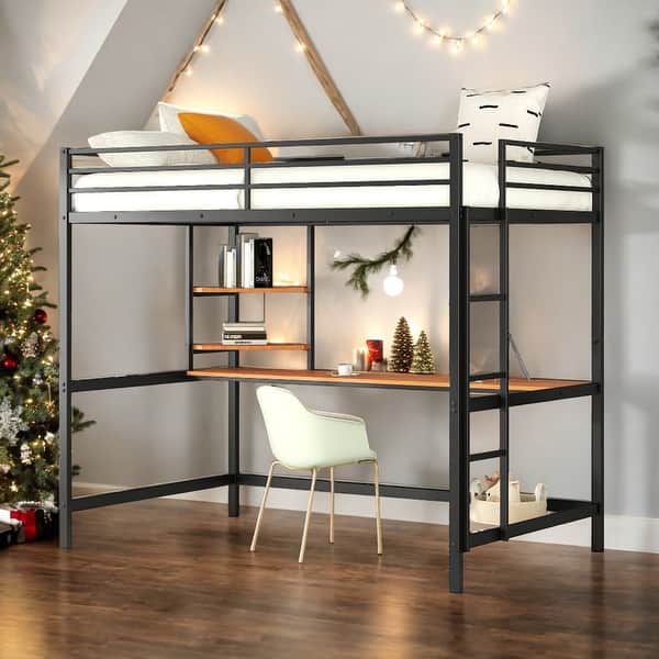 slide 2 of 20, Full Size Metal Modern Loft Bed With Desk and Shelve,Solid Construction