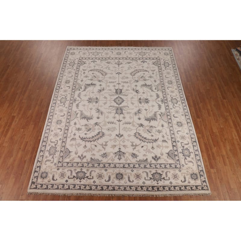 All-Over Ivory Floral Oushak Indian Area Rug Handmade Wool Carpet - 9'2"x 12'1"