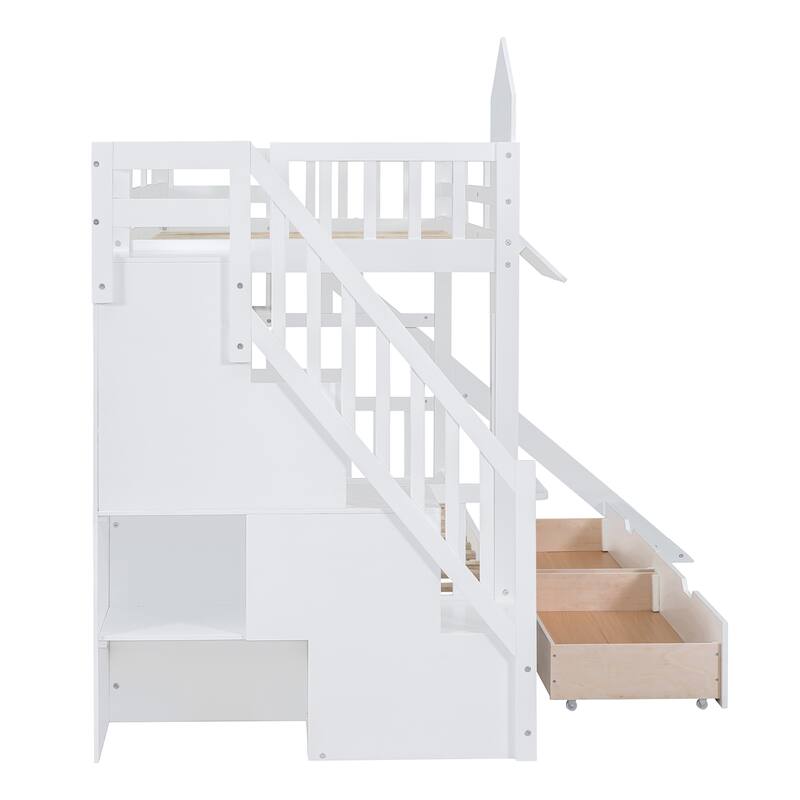 Twin-Over-Twin Castle Style Bunk Bed with Drawers, Shelves, and Slide in White