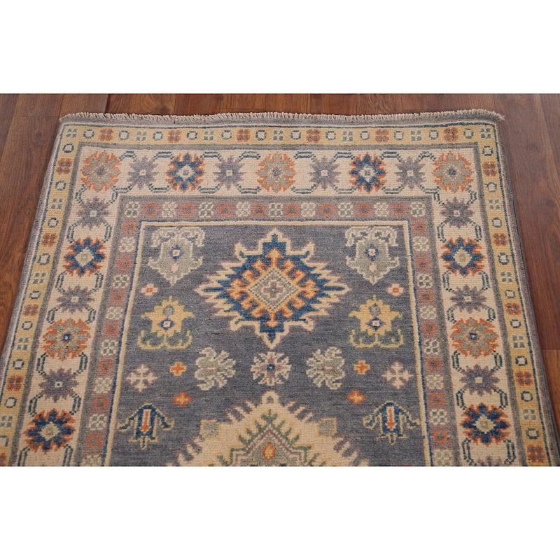 Gray Geometric Kazak Accent Rug Handmade Oriental Wool Carpet - 2'7" x 4'1"