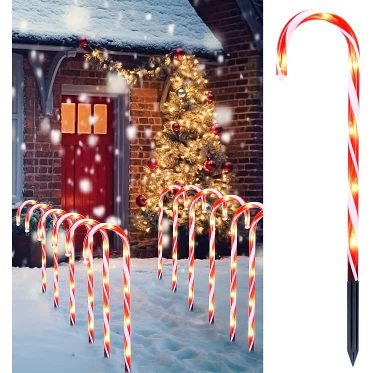 12 Pcs Christmas Candy Cane Pathway Markers Lights, 12" Christmas Stakes Lights - White and Red