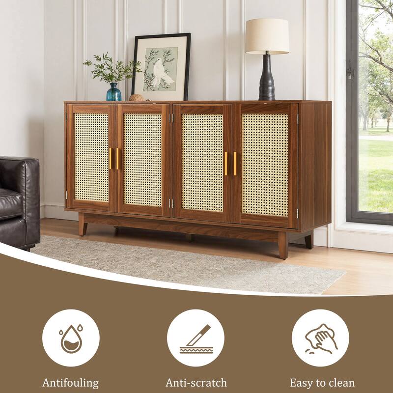 Wood TV Stand for up to 60" TVs with Four Rottan Doors